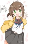 1girl artist_name before_and_after black_sailor_collar black_skirt blue_sailor_collar brown_hair commentary_request cowboy_shot curse_(023) fubuki_(kancolle) fubuki_kai_ni_(kancolle) green_eyes highres jacket kantai_collection low_ponytail medium_hair pleated_skirt ponytail sailor_collar school_uniform serafuku shirt sidelocks skirt smile solo waving white_shirt yellow_jacket 
