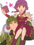  1boy 1girl bare_arms bare_shoulders book breasts carrying commentary_request completely_unamused fire_emblem fire_emblem:_the_sacred_stones green_eyes green_hair holding holding_book kyle_(fire_emblem) lute_(fire_emblem) mogall noshima open_book open_mouth outstretched_arm purple_hair shoulder_carry small_breasts unamused 