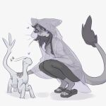 alien ambiguous_gender antennae_(anatomy) anthro black_clothing black_hair circle_eyebrows cloak clothing crouching dark_hair duo elith_construct eyebrows felid female feral footwear fur grey_body grey_fur hair heart_symbol hi_res long_hair lulinya_(tateoftot) mammal open_mouth petting poncho purple_clothing purple_eyes purple_mouth sandals shoes skinsuit smile sweater tail tail_tuft tateoftot tight_clothing topwear translucent translucent_clothing tuft turtleneck whiskers