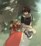  1boy 1girl 46isky21 ahoge armor armored_boots back_cutout baggy_pants bare_back belt black_boots black_shirt blonde_hair boots bow braid breasts brick_wall brown_belt brown_eyes brown_hair brown_pants closed_eyes closed_mouth clothing_cutout commentary_request day dress epaulettes fate/extella fate/extella_link fate/extra fate_(series) full_body gold_armor grass hair_between_eyes hair_bow hair_bun hands_up highres hooded_shirt juliet_sleeves kishinami_hakuno_(male) large_breasts leaf long_sleeves looking_at_another looking_down lying nero_claudius_(fate) nero_claudius_(fate/extra) official_alternate_costume on_side open_mouth outdoors pants puffy_sleeves red_bow red_dress ribbon shadow shirt short_hair short_sleeves sidelocks single_braid sitting sleeping smile tree white_ribbon wide_sleeves 