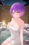  1girl absurdres blurry blurry_background blush breasts chocomaru cleavage closed_mouth collarbone commentary_request green_eyes highres hololive medium_breasts naked_towel night onsen outdoors purple_hair short_hair sitting smile snowing solo tokoyami_towa towel virtual_youtuber water 