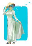  1girl absurdres alternate_costume ao_dai blue_background blue_butterfly blue_hair border breasts bug butterfly commentary full_body highres lennykaise medium_breasts medium_hair open_mouth purple_eyes shorekeeper_(wuthering_waves) smile solo standing twitter_username white_border wuthering_waves 