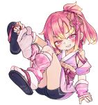  1girl arm_warmers bike_shorts black_shorts blonde_hair chaosexceed commentary english_commentary feet gradient_hair highres japanese_clothes kimono knees_up leg_warmers looking_at_viewer mixed-language_commentary multicolored_hair open_mouth original paid_reward_available pink_eyes pink_hair pink_kimono pink_leg_warmers sandals short_hair short_shorts shorts simple_background sleeveless sleeveless_kimono socks soles solo tabi toes white_background zouri 