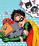  bat_signal batman batman_(series) batman_symbol black_bodysuit bodysuit brown_jacket bruce_wayne character_doll commentary cowl dc_comics dick_grayson doll domino_mask english_commentary eye_mask grey_bodysuit hh4nk highres jacket jason_todd mask multicolored_bodysuit nightwing red_hood_(dc) red_mask superhero_costume taut_bodysuit two-tone_bodysuit 