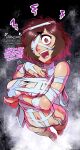  1girl absurdres arm_under_breasts artist_name bandage_on_hair bandaged_arm bandaged_chest bandaged_hand bandaged_head bandaged_leg bandaged_torso bandages breasts brown_eyes brown_hair commentary english_commentary english_text haysey highres kawakami_sadayo large_breasts mummy_costume naked_bandage navel nervous_sweating one_eye_covered persona persona_5 short_hair solo sweat twitter_username 