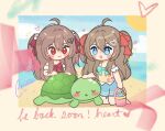  2girls :> :d adapted_costume ahoge aqua_bow aqua_bowtie beach black_tank_top blue_eyes blue_skirt blush blush_stickers border bow bowtie broken_heart broken_heart_hair_ornament brown_hair bucket chibi chibi_only chrchie_(artist) english_text evil_neuro-sama hair_between_eyes hair_intakes hair_ornament hair_ribbon heart highres holding holding_bucket kneeling long_hair looking_at_animal multiple_girls neuro-sama notice_lines ocean outdoors red_bow red_bowtie red_eyes red_ribbon ribbon sand siblings sisters skirt skull_hair_ornament sleeping smile sparkle sun tank_top turtle twins two_side_up vedal987 vedal_ai very_long_hair virtual_youtuber water yellow_border yellow_tank_top 