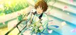  1boy beads blue_eyes bouquet brown_hair ensemble_stars! fingernails flower from_above game_cg handrail happy_elements holding holding_bouquet lapels long_sleeves looking_at_viewer lower_teeth_only male_focus official_art open_mouth pants peaked_lapels petals pink_petals ring_(ensemble_stars!) shoes short_hair smile solo stairs standing takamine_midori teeth third-party_source white_pants white_shoes yellow_flower yellow_petals 