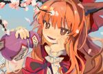  1girl blush bow brown_horns chain cherry_blossoms cherry_tree cuffs falling_petals fang gourd hair_bow hand_on_own_cheek hand_on_own_face highres holding holding_gourd horns ibuki_suika long_hair oni open_mouth orange_hair petals pink_petals red_bow seiryo0425 shackles skin_fang smile solo touhou wrist_cuffs 