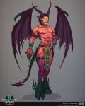 4:5 abs ariel_fain black_hair blizzard_entertainment bottomwear clothing collar demon demon_humanoid digital_media_(artwork) ear_piercing ear_ring english_text grey_background hair hand_on_leg hand_on_thigh hi_res hooves horn humanoid humanoid_pointy_ears loincloth male membrane_(anatomy) membranous_wings muscular muscular_male not_furry official_art piercing pointy_ears ring_piercing simple_background solo standing tail text warcraft wings