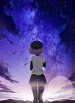  0w0_(artist) 1girl absurdres bare_shoulders beret black_boots black_hat black_skirt black_sleeves boots collared_shirt commentary contrast_collar detached_sleeves facing_up from_behind hat highres miniskirt outdoors purple_hair purple_sky purple_trim shirt short_hair skirt sky sleeveless sleeveless_shirt star_(sky) starry_sky thigh_boots utane_uta utau very_short_hair white_shirt zettai_ryouiki 