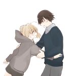  1boy 1girl 46isky21 ahoge bandaid bandaid_on_face black_shorts blonde_hair blue_sweater blush bow braid brown_eyes brown_hair collared_shirt commentary_request cowboy_shot fate/extra fate_(series) green_eyes grey_hoodie grey_pants grey_shirt hair_between_eyes hair_bow hair_bun hand_on_another's_arm hand_on_another's_shoulder highres hood hoodie kishinami_hakuno_(male) long_sleeves looking_at_another nero_claudius_(fate) nero_claudius_(fate/extra) open_mouth pants puffy_long_sleeves puffy_sleeves red_bow shirt short_hair shorts sidelocks simple_background single_braid smile standing sweatdrop sweater white_background 