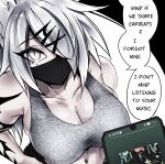  1girl breasts cellphone cleavage commentary english_commentary english_text from_above grey_eyes grey_hair grey_sports_bra hair_over_one_eye highres large_breasts long_hair looking_at_viewer mask mouth_mask one_eye_covered original parted_bangs phone pov slit_pupils smartphone solo speech_bubble sports_bra st41nn talking upper_body 