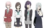  1other 25-ji_nightcord_de._(project_sekai) 3girls aged_down akiyama_mizuki androgynous arms_behind_back asahina_mafuyu bad_id bad_twitter_id black_cardigan black_skirt blazer blue_neckerchief blue_necktie bob_cut brown_eyes brown_hair brown_pants brown_sweater cardigan closed_eyes closed_mouth collared_shirt double-parted_bangs facing_viewer grey_hair grey_skirt hair_between_eyes hands_up highres holding holding_paper jacket lapels long_hair long_sleeves multiple_girls napio neckerchief necktie notched_lapels open_mouth pants pantyhose paper pink_eyes pink_hair plaid_clothes plaid_pants pleated_skirt ponytail project_sekai purple_hair sailor_collar school_uniform serafuku shinonome_ena shirt short_hair skirt smile sweater v-neck very_long_hair yoisaki_kanade 