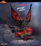 2024 ambiguous_gender angry call_of_dragons digital_media_(artwork) dragon english_text fairy_dragon feral grass hi_res horn insect_wings lepidopteran_wings mythological_creature mythological_scalie mythology official_art paul_mafayon plant red_body red_scales rock scales scalie sharp_teeth solo tail teeth text wings