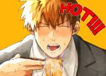  1boy chopsticks closed_eyes collared_shirt english_text food grey_jacket hashtag-only_commentary highres holding holding_chopsticks holding_with_chopsticks jacket male_focus mob_psycho_100 necktie noodles open_mouth ramen reigen_arataka shirt simple_background solo spicy suit_jacket sweat teeth tongue tongue_out white_shirt xokats yellow_background 