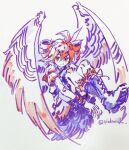  absurdres ahoge animal_ears bird_ears bird_legs bird_tail bird_wings black_boots boots drill_hair feathers hair_between_eyes hair_ribbon half-harpy hashtag-only_commentary highres kasane_teto legs_up looking_at_viewer monster_girl paper_texture qiukui red_eyes red_hair red_wings ribbon shoulder_belt signature simple_background synthesizer_v tail twin_drills twitter_username two-tone_wings utau watermark white_background white_feathers white_ribbon white_wings wings 