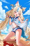  1girl absurdres ahoge animal_ear_fluff animal_ears beach bikini blonde_hair blue_bikini blue_bow blue_eyes blue_hair blue_nails blue_streaks blush bow brooch cat_ears cloud cloudy_sky commentary crown_(symbol) dress english_commentary fang fins fish_girl fish_tail highres indie_virtual_youtuber jewelry kaniki_(sameko_saba) lifebuoy_hair_ornament long_hair looking_at_viewer low_twintails multicolored_hair navel ocean sailor_collar sameko_saba sameko_saba_(1st_costume) sand scrunchie shorts skin_fang sky smile solo streaked_hair striped_bikini striped_bow striped_clothes summer swimsuit tail twintails very_long_hair virtual_youtuber wet white_dress white_shorts wrist_scrunchie wuku_(5kukuu) 