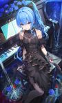  1girl absurdres atatatatame01 bare_shoulders black_dress black_gloves black_nails blue_eyes blue_flower blue_hair blue_rose commentary_request detached_sleeves dress fingerless_gloves flower gloves hair_between_eyes high_ponytail highres hololive hoshimachi_suisei instrument long_hair looking_at_viewer parted_lips piano ponytail rose short_sleeves sitting solo virtual_youtuber 