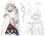  1girl :d amnesia_(majo_no_tabitabi) belt black_skirt blush boots chain cloak closed_mouth fingerless_gloves gloves green_eyes grey_hair hair_between_eyes hands_on_own_knees hood hood_up hooded_cloak long_sleeves majo_no_tabitabi multiple_views open_mouth partially_colored pleated_skirt shiroirosky simple_background sitting skirt smile sword thighhighs weapon white_background white_cloak white_gloves 