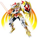  1boy armor black_bodysuit bodysuit breastplate commentary_request crotch_plate energy_sword fantasy fantasy_defense full_armor gauntlets gem gold_trim greaves holding holding_sword holding_weapon jilpoong17 ornate_armor red_gem shield shoulder_armor solo spiked_greaves standing sword warrior weapon white_armor white_background 