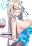  1girl animal_ears aqua_leotard asuna_(blue_archive) asuna_(bunny)_(blue_archive) asymmetrical_bangs blonde_hair blue_archive blue_eyes blue_halo blue_leotard bow bowtie breasts cup detached_collar drinking_glass fake_animal_ears gloves hair_over_one_eye halo large_breasts leotard long_hair looking_at_viewer mole mole_on_breast nakano_kura official_alternate_costume pantyhose playboy_bunny rabbit_ears smile strapless strapless_leotard traditional_bowtie tray upper_body white_gloves wine_glass 