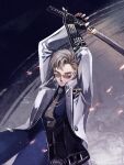  1boy arms_up belt black_belt black_shirt brown_hair commentary_request gauntlets grey_jacket grey_neckerchief highres holding holding_sword holding_weapon jacket looking_at_viewer male_focus neckerchief sanchoumou shirt short_hair solo sword touken_ranbu tzexplosion weapon 