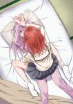  2girls artist_name blue_eyes blush bocchi_the_rock! chorisow_(delta_chord) commentary_request cube_hair_ornament from_above futon girl_on_top gotoh_hitori groping hair_between_eyes hair_ornament hand_under_clothes highres holding holding_another's_wrists jacket kita_ikuyo long_hair long_sleeves lying multiple_girls on_back one_side_up pants pink_hair pink_jacket pink_pants pinned red_hair sailor_collar school_uniform shuka_high_school_uniform skirt socks straddling sweat tatami track_jacket track_pants white_socks yuri 