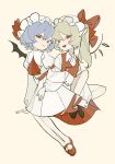  2girls absurdres arm_strap ascot bat_wings blonde_hair closed_mouth collared_shirt crystal_wings dee_(tannsumi) dress fang flandre_scarlet frilled_hat frills hair_between_eyes hat hat_ribbon highres locked_arms long_sleeves looking_at_viewer mob_cap multiple_girls open_mouth pleated_dress pleated_skirt purple_hair red_ascot red_eyes red_ribbon red_shoes red_skirt red_vest remilia_scarlet ribbon shirt shoes short_hair simple_background skirt smile touhou two-sided_dress two-sided_fabric vest white_dress white_hat white_shirt wings yellow_background 