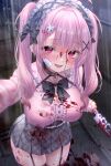  1girl absurdres ahoge bandage_on_cheek belt black_belt black_bow black_bowtie black_collar black_garter_straps black_ribbon black_thighhighs blood blood_on_clothes blood_on_face blood_on_hands blood_on_knife bow bowtie breasts center_frills collar commentary_request corpse cross fang frilled_hairband frills garter_straps grey_hairband grey_skirt hair_ornament hairband highres holding holding_knife knife large_breasts long_hair open_mouth original pink_bow pink_eyes pink_hair pink_shirt pleated_skirt rain ribbon shirt skirt solo thighhighs twintails watermark yandere yuyuko_(yuyucocco) 