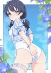  1girl absurdres ass black_hair blue_eyes blue_flower blue_jacket blue_sky blurry blush border commentary_request covering_ass covering_privates depth_of_field flower hair_flower hair_ornament hair_ribbon highres jacket link!_like!_love_live! looking_at_viewer love_live! murano_sayaka one-piece_swimsuit outdoors ribbon scowl sidelocks sky solo standing swimsuit thigh_strap trefoil twintails v-shaped_eyebrows white_border white_one-piece_swimsuit zanpon 