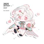  1girl art_fight_attack black_shoes blue_bow blue_bowtie bow bowtie chibi chibi_only commentary english_commentary feathered_wings flower full_body gift_art hair_ornament hairclip highres looking_at_viewer moroo no_mouth original pants parallel_hairclips pink_eyes pink_flower pink_rose pink_shirt rose shirt shoes short_hair simple_background solo twitter_username white_background white_hair white_pants white_wings wings 