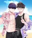  2boys abs arm_around_shoulder beach black_tank_top collarbone collared_shirt commentary floral_print highres hoshina_soshiro kaijuu_no._8 kakan_king korean_commentary male_focus multicolored_hair multiple_boys narumi_gen navel one_eye_closed open_clothes open_shirt parted_lips pectorals purple_hair red_eyes shirt short_hair tank_top tongue tongue_out twitter_username two-tone_hair upper_body v 
