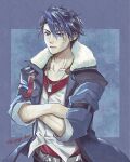  1boy arms_crossed artist_name blue_coat blue_hair coat commentary_request dog_tags eiyuu_densetsu hair_between_eyes hair_slicked_back highres koyagistock kuro_no_kiseki_(series) kuro_no_kiseki_i male_focus mullet red_shirt shirt short_hair simple_background van_arkride 