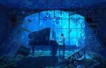  1boy air_bubble black_pants black_shoes blue_theme bubble caustics chair chinese_commentary closed_eyes closed_mouth commentary_request fish floating_chair from_side full_body grand_piano hanging_light highres indoors instrument iyi3d light_particles long_sleeves love_and_deepspace male_focus muntins music open_collar pants photo_(object) piano piano_bench picture_frame playing_instrument playing_piano profile purple_hair rafayel_(love_and_deepspace) shirt shoes short_hair sitting solo underwater white_shirt window window_shadow wooden_floor 