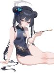  1girl black_dress black_hair blue_archive breasts butterfly_hair_ornament china_dress chinese_clothes commentary double_bun dragon_print dress grey_eyes grey_halo hair_bun hair_ornament halo highres holding holding_smoking_pipe kisaki_(blue_archive) long_hair looking_at_viewer messy_hair pelvic_curtain sideboob sitting siya_je sleeveless sleeveless_dress small_breasts smoking_pipe solo symbol-only_commentary twintails 