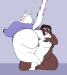 2026 anthro anus big_butt blush bottomless bottomless_anthro bottomless_female brown_body brown_fur butt canid canine canis catherine_(oxkingky) clothed clothed/nude clothing domestic_cat domestic_dog dorothy_b_hound duo embarrassed felid feline felis female female/female fur genitals huge_butt kneeling mammal nude obese obese_anthro obese_female overweight overweight_anthro overweight_female oxkingky spread_butt spreading surprised tongue tongue_out vulva white_body white_fur