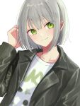  1girl black_jacket blunt_ends bob_cut closed_mouth collarbone commentary_request crew_neck dot_nose dutch_angle green_eyes grey_hair hair_between_eyes hand_in_own_hair hand_up head_tilt highres hinomori_shiho jacket lapels leather leather_jacket long_sleeves looking_at_viewer notched_lapels official_alternate_costume official_alternate_hairstyle open_clothes open_jacket project_sekai shirt short_hair sidelocks simple_background smile solo t-shirt tiramisu_002 upper_body white_background white_shirt zozotown 