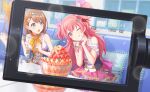  2girls :o ;q back_bow blueberry blurry blush bokeh bow brown_hair colorful_palette cream depth_of_field dotabata_cafe_rec!!_(project_sekai) food frills fruit game_cg glass grey_eyes hair_ornament hanasato_minori highres holding holding_spoon momoi_airi multiple_girls official_art one_eye_closed open_mouth pink_bow pink_eyes pink_hair pink_skirt project_sekai recording shirt sitting skirt spoon strawberry third-party_source tongue tongue_out two_side_up v-shaped_eyebrows video_camera white_shirt 