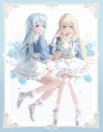  2girls absurdres arm_at_side back_ribbon ballet_slippers blonde_hair blue_border blue_eyes blue_flower blue_hair blue_jacket blue_ribbon blue_rose border buttons closed_mouth commentary cropped_jacket cross-laced_clothes cross-laced_jacket double-parted_bangs dress earrings ensemble_stars! eyelashes flower frilled_dress frills full_body genderswap genderswap_(mtf) grey_shoes grin hair_between_eyes hair_bun hairband hand_in_own_hair hand_up hibiki_wataru highres invisible_chair jacket jewelry knees_together_feet_apart legs light_blush long_hair long_sleeves looking_at_viewer looking_back matching_outfits multiple_girls necklace open_clothes open_jacket ornate_border pearl_necklace pocket pote_(castalia20) puffy_long_sleeves puffy_sleeves purple_eyes quilted_clothes ribbon rose shoe_soles shoes short_dress side_up_bun single_side_bun sitting sleeve_cuffs smile tenshouin_eichi white_background white_dress white_flower white_hairband yokozuwari 