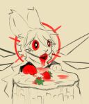 anthro aureola big_ears cloak clothing comet_(furufoo) floating_wings food fruit furufoo halo hare lagomorph leporid mammal messy_eater plant rabbit rabbit_ears red_eyes strawberry unusual_anatomy unusual_wings wings
