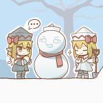 ... 2girls bare_tree black_boots black_jacket black_pantyhose blonde_hair boots bow bowtie capelet chibi chibi_only closed_eyes closed_mouth commentary_request dual_persona edsky0309 fur-trimmed_capelet fur-trimmed_sleeves fur_trim holding holding_shovel holding_snowball jacket lily_black lily_white long_sleeves multiple_girls outdoors pantyhose pointy_ears red_bow red_bowtie red_scarf scarf shovel smile smug snow snowball snowman spoken_ellipsis touhou tree white_boots white_capelet white_jacket winter yellow_eyes 