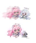  2girls :3 :d aemeath_(wuthering_waves) ahoge blunt_bangs blush chibi chibi_only closed_mouth commentary crossed_bangs dress full_body grey_hair halo highres holding holding_microphone horns hue_oo long_hair looking_at_viewer microphone mornye_(wuthering_waves) motion_blur multiple_girls open_mouth pink_hair pink_horns ponytail red_eyes shaded_face short_sleeves simple_background smile symbol-only_commentary thighhighs twitter_username white_background white_dress white_thighhighs wuthering_waves yellow_eyes 