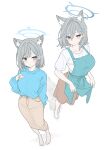  2girls absurdres alternate_costume alternate_hair_length alternate_hairstyle animal_ear_fluff animal_ears apron apron_hold arm_behind_back barefoot blue_archive blue_eyes blue_sweater blush breasts broken_halo brown_skirt closed_mouth commentary cross cross_hair_ornament earrings english_commentary extra_ears flat_color foreshortening full_body grey_apron grey_hair grey_halo hair_ornament halo hand_on_own_chest highres inverted_cross jewelry large_breasts long_hair long_skirt looking_at_viewer mismatched_pupils multiple_girls pencil_skirt shiroko_(blue_archive) shiroko_terror_(blue_archive) shirt short_hair short_sleeves sidelocks simple_background skirt standing stud_earrings sweater t1kosewad white_background white_shirt wolf_ears wolf_girl 