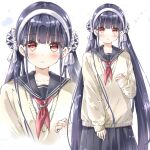  1girl absurdres alternate_costume ayaro_(genkiloobaii) black_hair black_sailor_collar blunt_bangs blush clenched_hand closed_mouth commentary cowboy_shot double_bun eyelashes eyes_visible_through_hair hair_bun hair_ribbon hairband hand_up heaven_burns_red highres light_frown long_hair looking_at_viewer low_twintails neckerchief red_neckerchief ribbon sailor_collar satsuki_mari school_uniform serafuku sidelocks simple_background sleeves_past_wrists solo straight_hair sweater twintails very_long_hair white_background white_hairband white_ribbon yellow_sweater zoom_layer 