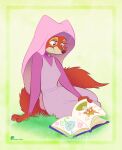 2025 anthro blush book canid canine choker clothing digital_media_(artwork) disney dress female fox fur grass hi_res hood jewelry maid_marian mammal necklace pink_clothing pink_dress plant reading reading_book red_body red_fur robin_hood robin_hood_(disney) sitting smile solo tail true_fox vaporotem