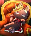  1boy :3 alcohol black_fur cape chair chibikemo commentary crown cup doko_demo_issyo fur-trimmed_cape fur_trim furry furry_male highres holding holding_cup jitome kuro_(doko_demo_issyo) looking_at_viewer male_focus pawpads red_cape red_wine sitting smug solo symbol-only_commentary throne tongue tongue_out wine wolfaroon 