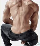  1boy artist_name back black_pants black_shoes commentary_request denim from_behind head_out_of_frame highres jeans korean_commentary male_focus muscular muscular_male original pants realistic shoes simple_background solmuk0 solo squatting topless_male white_background 