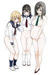  3girls black_hair blonde_hair blue_sailor_collar blue_socks bottomless breasts commentary_request commission completely_nude convenient_arm double-parted_bangs full_body green_necktie grey_hair hand_up hands_on_own_face hands_up high_heels highres long_hair long_sleeves medium_breasts medium_hair multiple_girls naked_necktie neckerchief necktie nipples no_pussy nude original parted_lips pixiv_commission pregnant pumps pussy_juice red_neckerchief red_shoes sailor_collar sailor_shirt school_uniform secret_dmain shirt shoes simple_background socks swept_bangs uwabaki white_background white_shirt white_shoes white_socks 