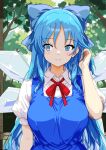  1girl aged_up alternate_hair_length alternate_hairstyle blue_bow blue_dress blue_eyes blue_hair blush bow bowtie breasts cirno closed_mouth collared_shirt commentary_request detached_wings dress hair_bow highres ice ice_wings large_breasts long_hair mist9801km pinafore_dress puffy_short_sleeves puffy_sleeves red_bow red_bowtie shirt short_sleeves sleeveless sleeveless_dress smile solo split_mouth touhou very_long_hair white_dress white_shirt wings 