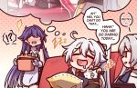  !? ahoge artist_name bronya_zaychik bronya_zaychik_(silverwing:_n-ex) closed_eyes commentary cooking_pot couch cowboy_shot dreaming drooling embarrassed english_text grey_eyes hair_intakes holding holding_cooking_pot honkai_(series) honkai_impact_3rd kiana_kaslana kiana_kaslana_(herrscher_of_finality) long_hair looking_at_another mhunter_45 no_eyes on_couch open_mouth ponytail purple_hair raiden_mei sitting sleeping speech_bubble standing upper_body very_long_hair white_hair zzz 